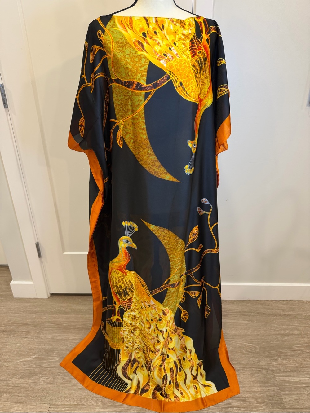 Satin Peacock Maxi Kaftan & Matching Shawl 2PC Set